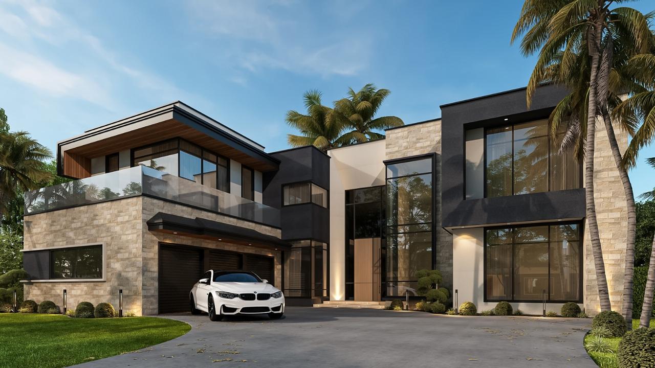 Contemporary custom home design, angled exterior view